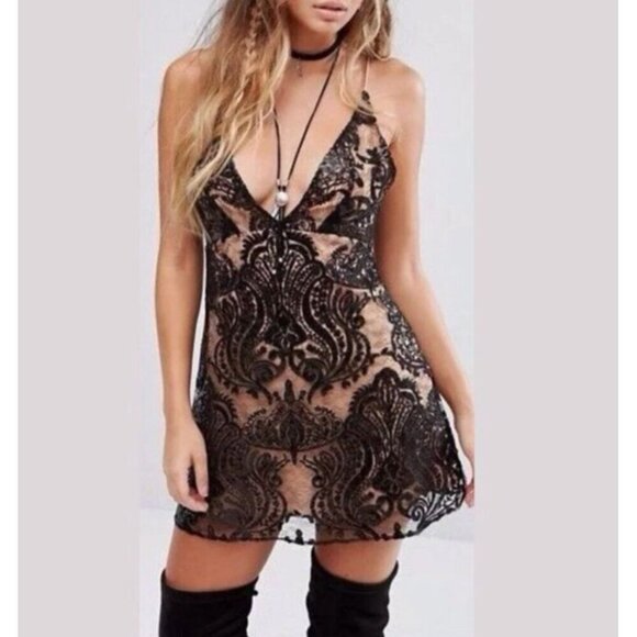 Free People Night Shimmers Sequin V-Neck Lined Mini Dress Black Glam Party Prom - Picture 2 of 12